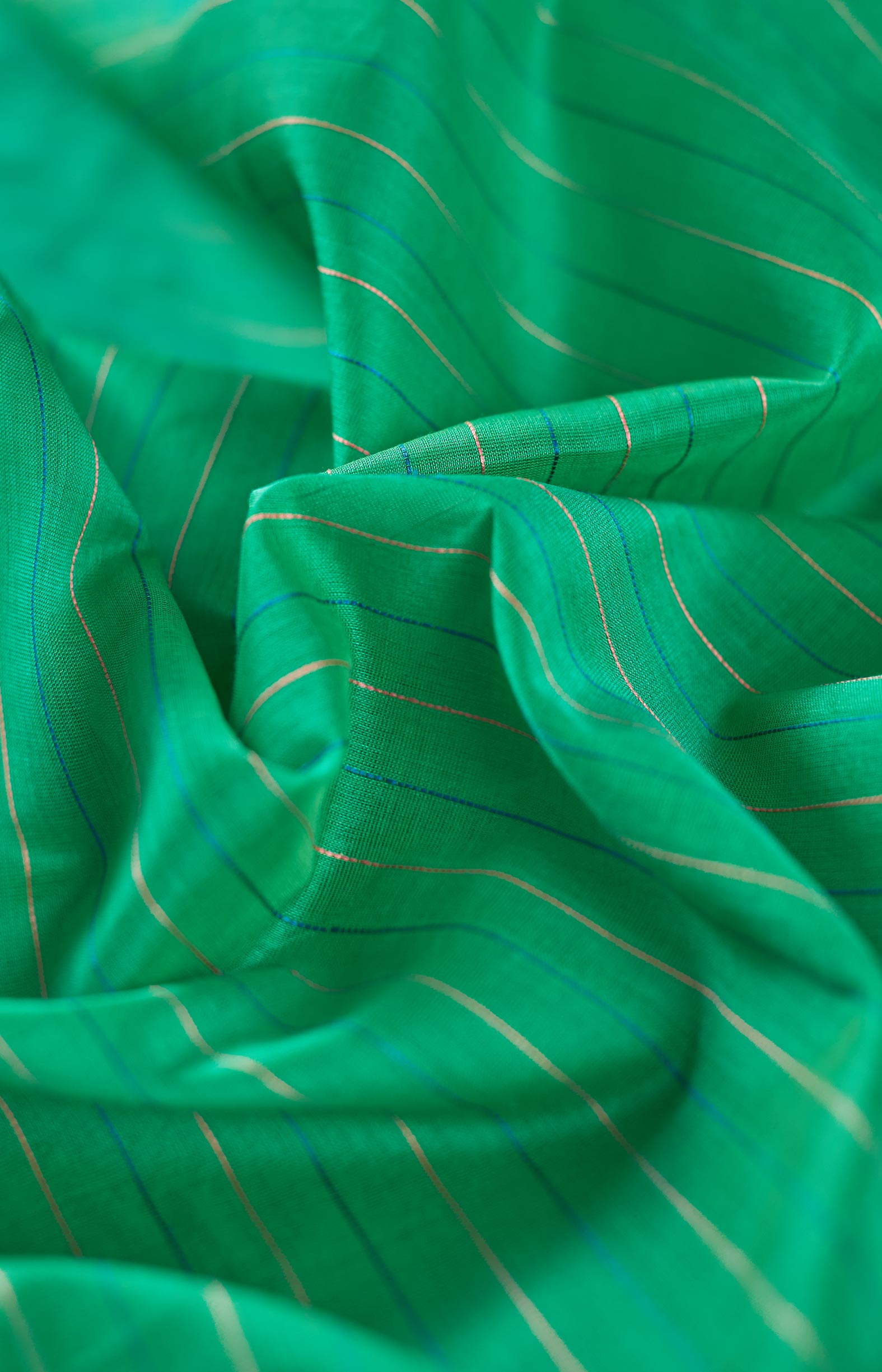 Green,Handwoven Organic Cotton, Plain Weave , Jacquard, Work Wear, Striped Saree